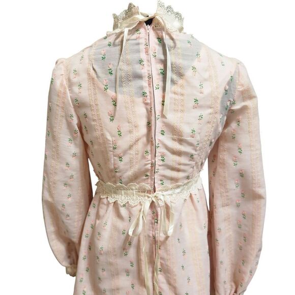 Vintage Handmade Nightgown Dress S Pink Floral Stripe Half Zip Lace Trim - Picture 6 of 15